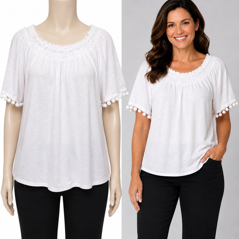 Belle Kim Gravel Top Womens Medium White Smocked Pom Pom Trim Short Sleeve Shirt